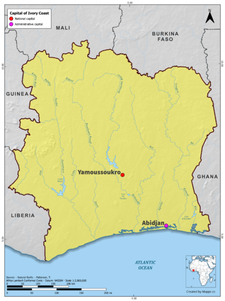 Map highlighting Yamoussoukro, Abidjan, the capital of Ivory Coast, with surrounding countries and geographical features, in color.