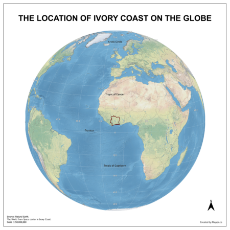 Map showing Ivory Coast's location on a globe, highlighted in red on the African continent.