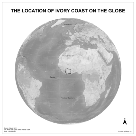 Map showing Ivory Coast's location on a globe, highlighted in red on the African continent.