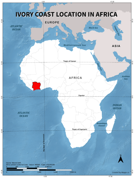 Ivory Coast location on world map, color version.