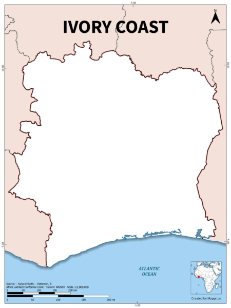 Outline map of Ivory Coast with country borders in color.