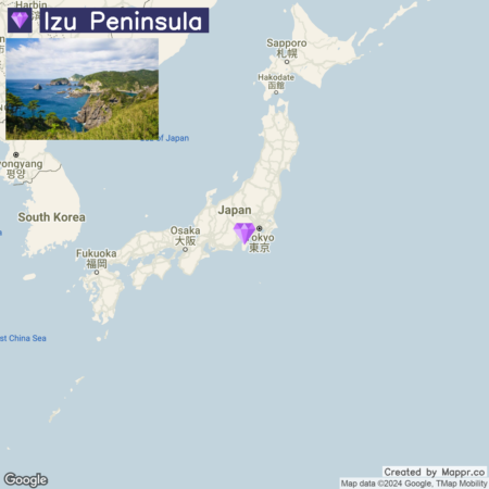 A map highlighting the Izu Peninsula in Japan, with an inset photo showing a rocky coastline and greenery. Major cities such as Tokyo and Osaka are marked, and nearby countries South Korea and a portion of China are visible.