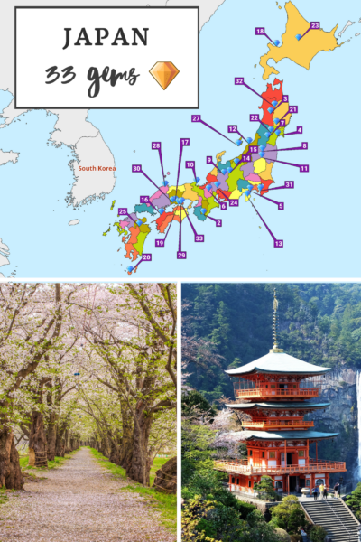 A collage featuring a colorful map of Japan with numbered highlights titled "JAPAN 33 gems," an image of a pathway lined with blooming cherry blossom trees, and a pagoda in a mountainous setting.