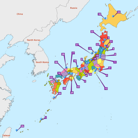 Color-coded political map of Japan with numbered regions and connecting lines, possibly indicating administrative divisions or electoral districts. Surrounding countries are labeled: Russia, China, North Korea, South Korea, and Taiwan.