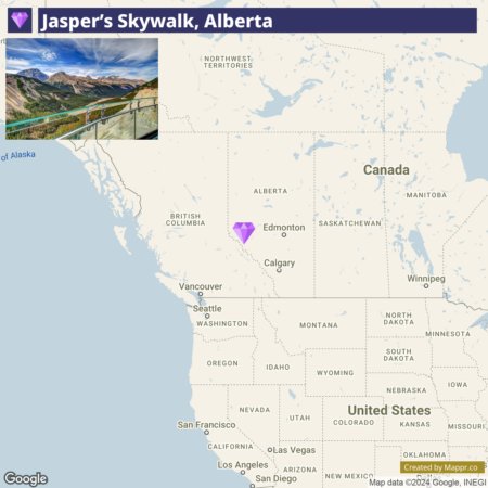 An inset image showcasing Jasper's Skywalk in Alberta with a view of a glass-floored walkway over mountainous terrain, accompanied by a larger map highlighting the location of Jasper in Alberta, Canada, between British Columbia and Saskatchewan.