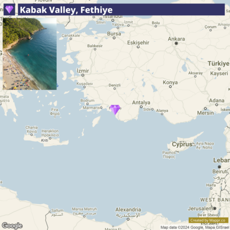 An image featuring an inset photo of Kabak Valley with a beach and surrounding forest, superimposed on a map of the Eastern Mediterranean region highlighting the location of Fethiye in Turkey.