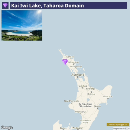 A screenshot showing the location of Kai Iwi Lake in Taharoa Domain on a map of New Zealand, with a thumbnail photo of the lake in the upper left corner.