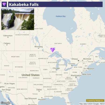 An inset picture of Kakabeka Falls with lush greenery at the top left corner and a map showing the geographic location of the falls in Ontario, Canada, marked with a purple diamond symbol. The map displays parts of Canada and the United States with state and province boundaries, major cities, and bodies of water.