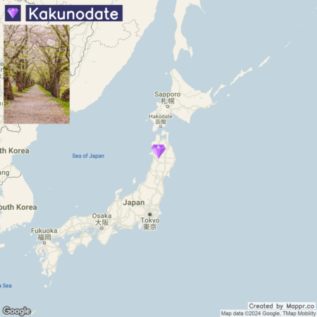 A map of Japan highlighting the location of Kakunodate with a small inset picture of a tree-lined pathway in the top left corner.