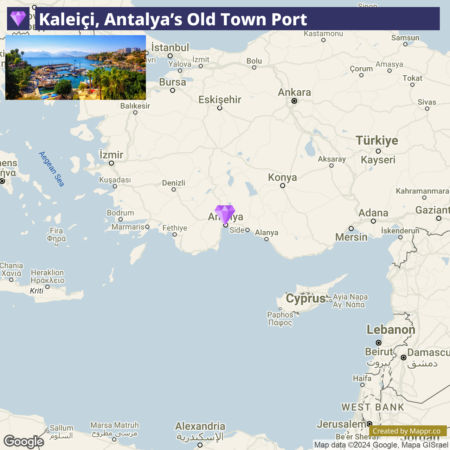 An image featuring a map of Turkey highlighting the location of Antalya, with an insert photo showing Kaleiçi, Antalya's Old Town Port.