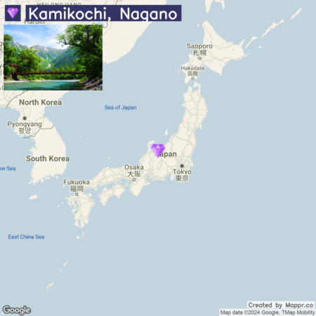 A map highlighting the location of Kamikochi in the Nagano Prefecture of Japan with a small photo banner at the top left depicting a scenic view of the area.