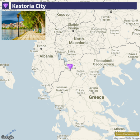 A split-image showing Kastoria City: on the top, a serene riverside walkway lined with trees, and on the bottom, a map highlighting Kastoria's location in northern Greece near the borders with Albania and North Macedonia.