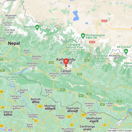 A map showing Kathmandu and surrounding areas in Nepal, with major roads, cities, and natural landmarks such as Mount Everest and national parks.