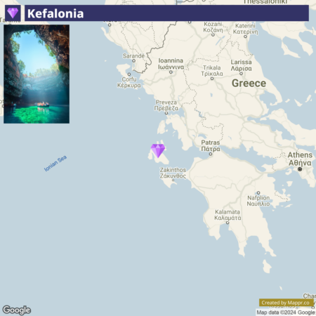 A map highlighting the location of Kefalonia in Greece, with a smaller inset image showing a view from inside a cave looking out to a body of water with sunlight filtering through the opening above.