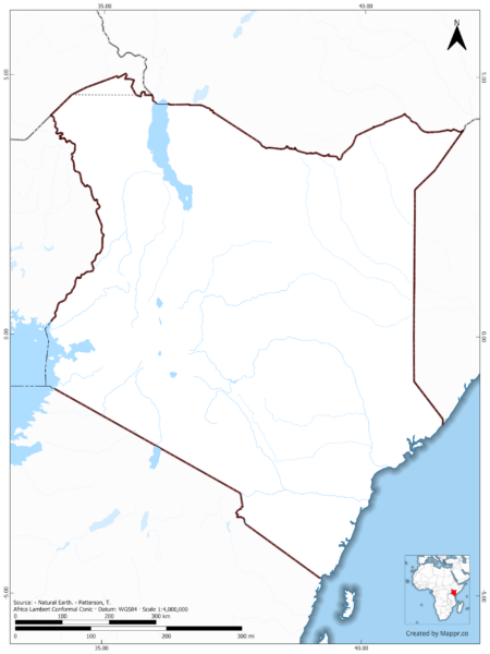 Blank map of Kenya showing borders and no labels, in color.