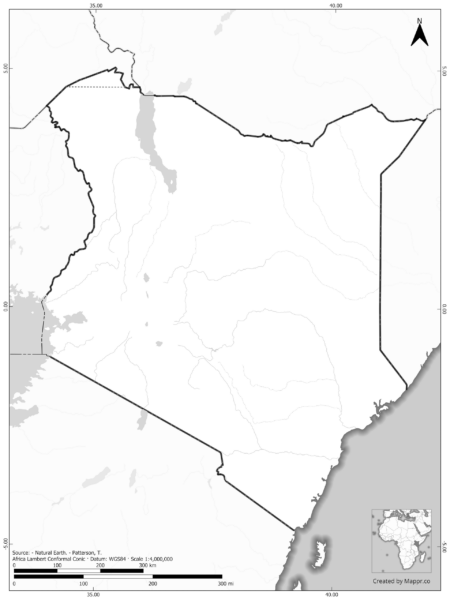 Blank black and white map of Kenya with borders and no labels.