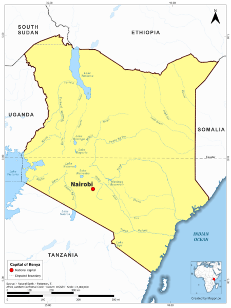 Map highlighting Nairobi, the capital of Kenya, with country borders, in color.