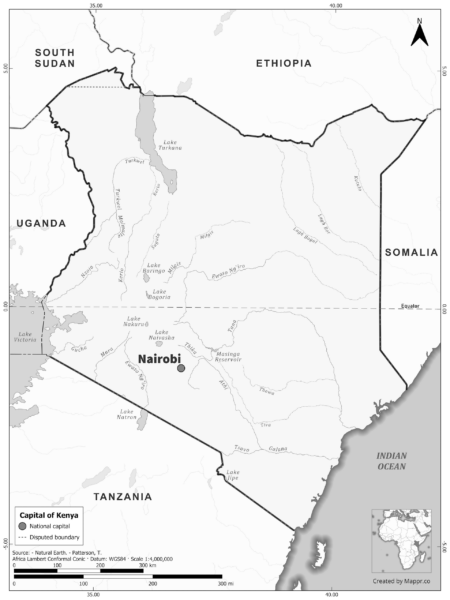 Black and white map highlighting Nairobi, the capital of Kenya.
