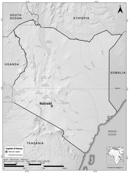 Black and white map of Kenya highlighting Nairobi as the capital, with neighboring countries.