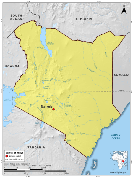 Map highlighting Nairobi, the capital of Kenya, with surrounding countries and geographical features, in color.