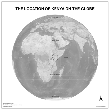 Map showing Kenya's location on a globe, highlighted in red on the African continent.