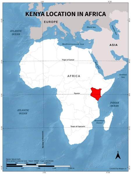 Kenya location on world map, color version.