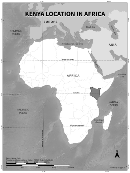 Kenya location on world map, black and white version.