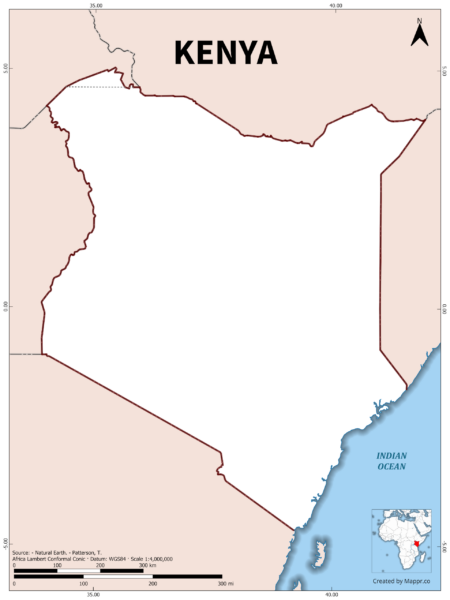 Outline map of Kenya with country borders in color.
