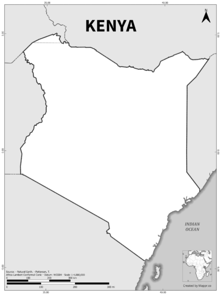 Black and white outline map of Kenya, showing the country's borders.