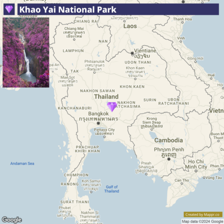 A map displaying Khao Yai National Park in Thailand with an inset photo of a scenic view within the park, showing purple foliage along a cliffside. The map also shows nearby cities and countries such as Bangkok and Cambodia.