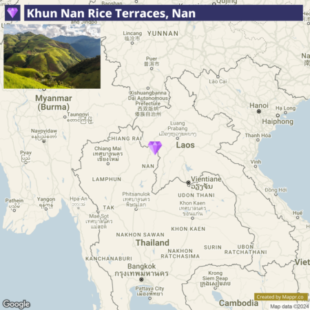 Map showing the location of Khun Nan Rice Terraces in Nan, Thailand, with an inset photo of lush green rice terraces on a hillside.