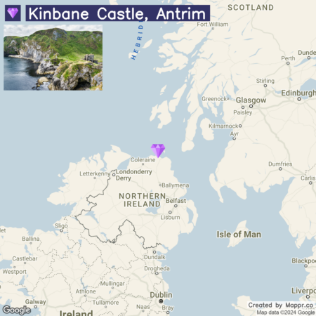 Map showing the location of Kinbane Castle in Antrim, Northern Ireland, marked with a purple diamond, with an inset photo of the castle ruins on a coastal cliff.