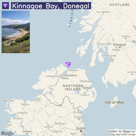 Map showing the location of Kinnagoe Bay in County Donegal, Ireland, with a small inset photograph at the top left corner depicting a view of the coastline with greenery and a beach. The map illustrates parts of Ireland and the United Kingdom, with a purple diamond marker indicating the location of the bay on the northern coast of Ireland.