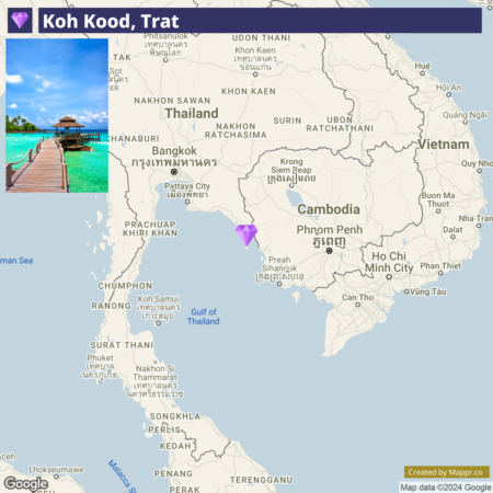 Map showing the location of Koh Kood, Trat, in the Gulf of Thailand near the southeastern coast, with a small inset photo displaying a wooden walkway leading to an overwater hut against a backdrop of blue sea and sky.