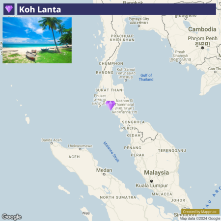 An image combining a tropical beach scene with a Google map overlay of Southeast Asia, highlighting the location of Koh Lanta near southern Thailand with a label, adjoining other regional map labels such as Phuket, the Gulf of Thailand, and Malaysia.