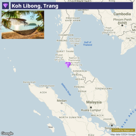 A map highlighting Koh Libong in Trang, Thailand, over a background image of a hammock between palm trees on a tranquil beach.