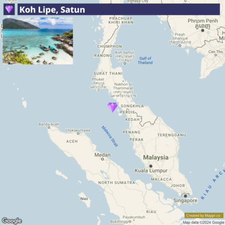 A map showing the location of Koh Lipe, Satun, with a purple teardrop marker indicating the island in the Andaman Sea, near the border of Thailand and Malaysia. The map also displays nearby regions and bodies of water, including the Gulf of Thailand, Malay Peninsula, and parts of Indonesia.