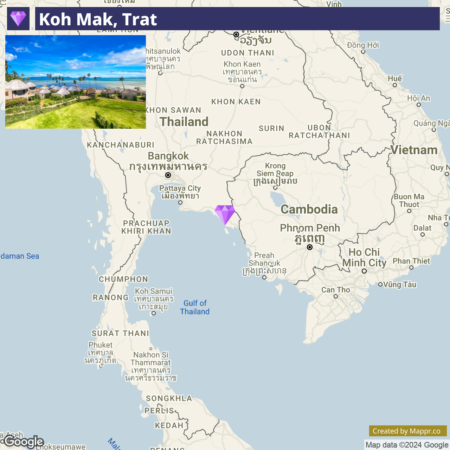 A map showing the location of Koh Mak in Trat, Thailand, with an inset photograph of a tropical beachside landscape at the top left corner of the image. The map highlights the Gulf of Thailand and outlines the borders of neighboring countries. The logo "Created by Mappr.co" and "Map data ©2024 Google" are visible at the bottom.