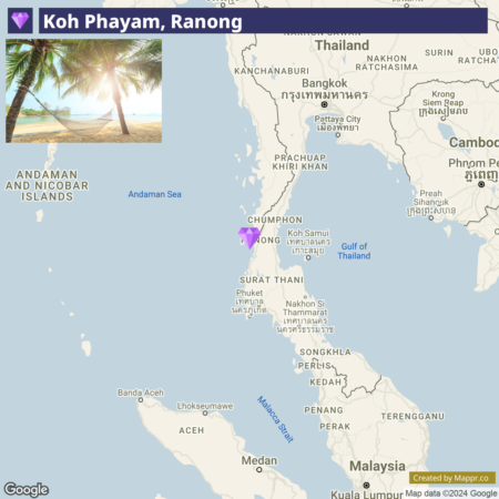 An image split into two sections: on the top, a serene beach scene with palm trees at Koh Phayam, Ranong; on the bottom, a map showing the location of Koh Phayam in Thailand near the Andaman Sea, with a purple place marker indicating the island's position. The map includes surrounding geographical names such as Bangkok, Gulf of Thailand, and Andaman & Nicobar Islands.