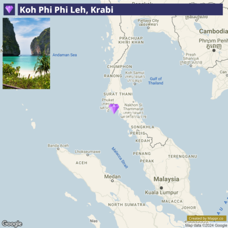 An image featuring a picturesque view of Koh Phi Phi Leh, Krabi, with clear turquoise waters and surrounding cliffs, overlaid on a map highlighting the region's location in the Andaman Sea near Thailand and Malaysia. The map shows neighboring areas such as Phuket, the Gulf of Thailand, and the northern part of the Malay Peninsula.