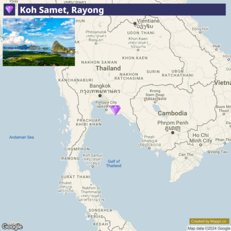 Map highlighting Koh Samet in the Rayong province of Thailand, with surrounding geographical regions and bodies of water such as the Gulf of Thailand and Andaman Sea. A small image in the upper left corner shows a scenic view of Koh Samet with lush greenery and a clear sky.