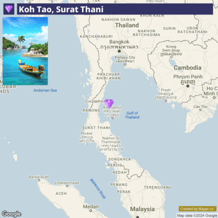 A split-view image with a map of Thailand highlighting Koh Tao, Surat Thani on the right, and a tropical scene with clear blue water, a traditional boat, and palm trees on the left.