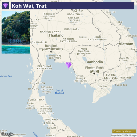 A map showing a portion of Southeast Asia, focusing on Thailand, with a purple marker indicating a location near the eastern coast, and an inset image of a tropical beach with the label "Koh Wai, Trat."