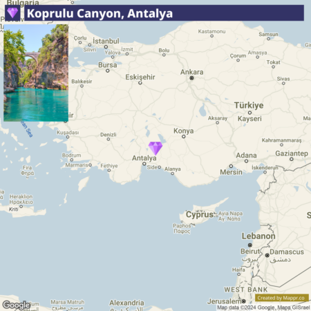 Map showing the location of Köprülü Canyon in Antalya, Turkey with an inset photo depicting the canyon's blue waters and steep, verdant cliffs.