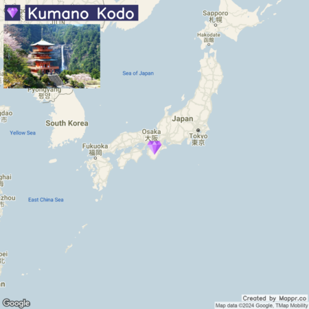 A map of Japan highlighting the Kumano Kodo region with an inset photo of a multi-tiered pagoda set against a mountainous backdrop.