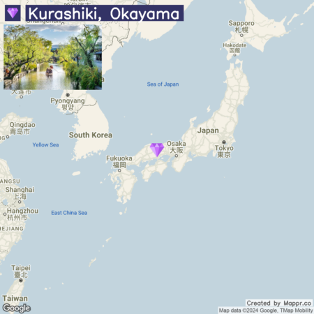 A map highlighting Kurashiki, Okayama, in Japan, with an inset photograph showing a scenic view of a canal with a traditional boat and surrounding greenery. Major cities and countries such as Tokyo, Osaka, South Korea, and Taiwan are labeled on the map.