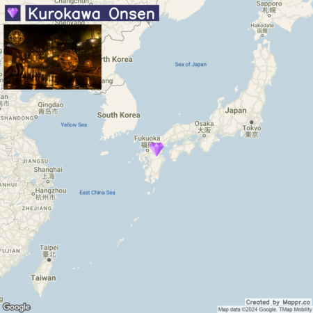 Map showing the location of Kurokawa Onsen in Japan, with an inset photo of a traditionally lit onsen (hot spring) at night, and the map highlighting the region around Fukuoka.