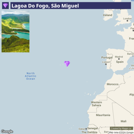 A map showing the location of Lagoa Do Fogo on São Miguel Island in the Azores, with a small inset photograph in the upper left corner depicting the panoramic view of the green, crater lake surrounded by mountains.