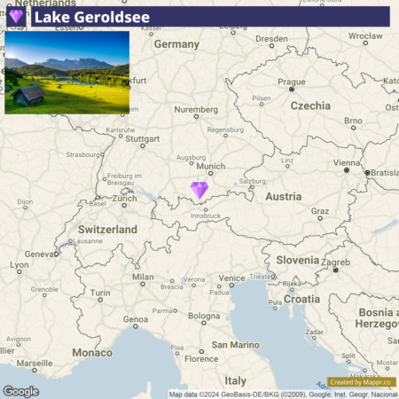 A map showing Central Europe with a highlighted area and an overlaid label "Lake Geroldsee" in Germany. An inset photo in the upper left corner shows a scenic view of Lake Geroldsee with mountains in the background.