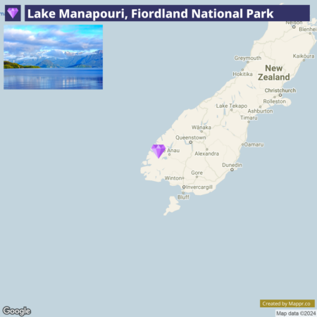 A graphic showing a map of the southwestern region of New Zealand's South Island with a marker over Lake Manapouri, located in Fiordland National Park. Above the map is a scenic image of Lake Manapouri with mountains in the background and reflection on water. There's a Mappr.co watermark and "Created by Mappr.co Google, Map data ©2024" attribution at the bottom.